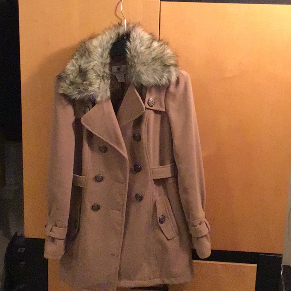 Faux Fur removable collar mid length pea coat